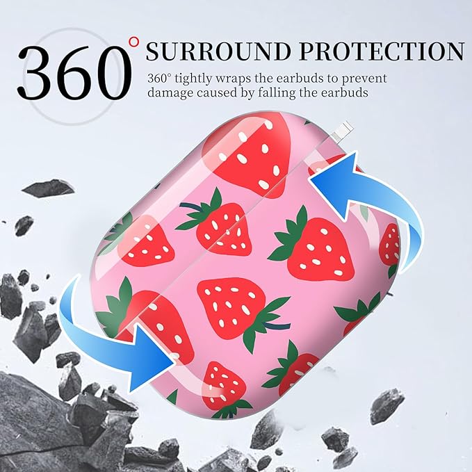 Case for AirPod Pro 3 Shock-Proof Protective Hard Case with Golden Keychain Compatible with Apple Airpods Pro 3rd Generation 2025 (Cute Pink Strawberry)