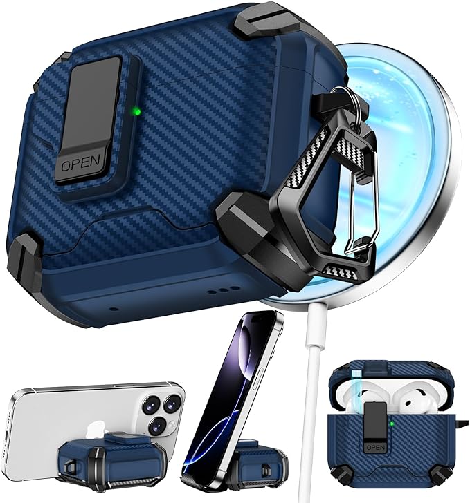 Compatible with AirPods 4 Case,Magnetic Automatic Lock with Phone Stand & Cleaning Kit,Compatible with Magsafe,Carbon Fiber Texture Cover -Blue