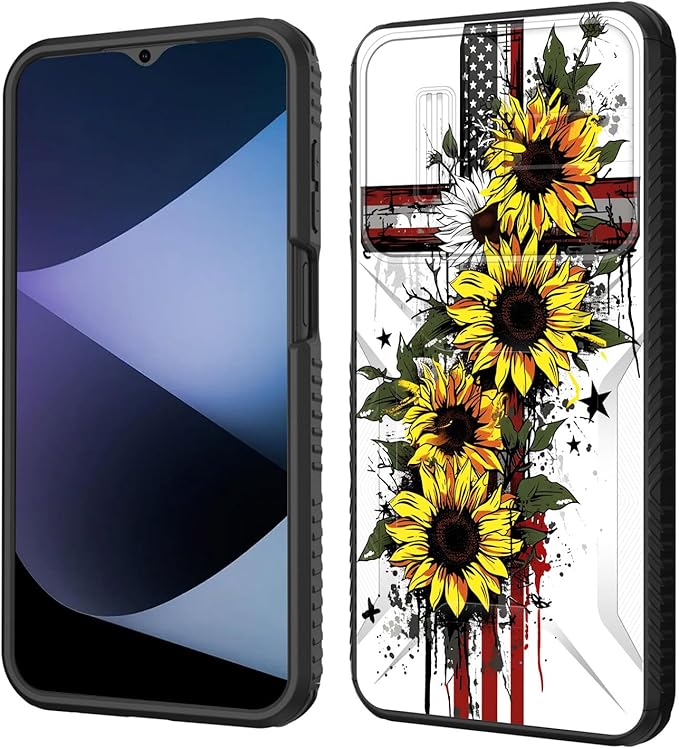 for Galaxy A17 5G Case Built in Slide Camera Lens Cover,Heavy Duty Shockproof Protection Dual Layer Case for Samsung Galaxy A17 5G 6.7" 2025,Cross American Flag Sunflower