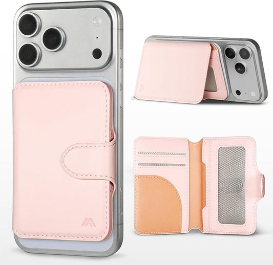 for MagSafe Wallet, Magnetic Phone Wallet RFID Blocking, Slim 5-8 Card Holder with Cash Slot & Clear ID Window, Minimalist Mag Safe Wallets for iPhone 17/16/15/14/13/12 Series, Blush Pink