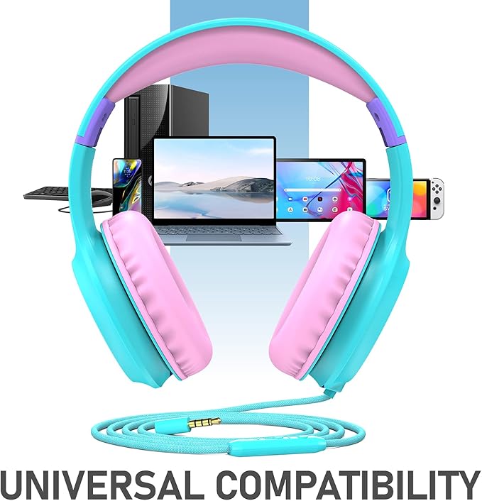 FosPower Kids Headphones with 3.5mm Laced Cables, Children & Teens Over The Ear Foldable Adjustable Headset w/Built-in Mic for Smartphones/PC/Tablet/Laptop/School (Max Volume 85dB) - Mint/Pink