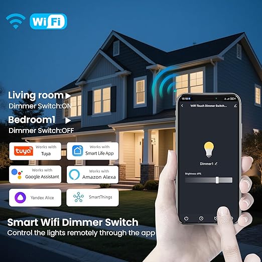 Smart Dimmer Switch Neutral Wire Required, 2.4GHz WiFi Dimmer Light Switch with Remote Voice Control, Tempered Glass Panel, Compatible with Alexa and Google Home, Black WiFi Dimmer