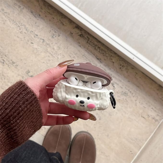 Case Compatible with Airpods 1 & 2, 3D Cute Kawaii Dog Design Keychain Case Cover, Portable Earbuds Accessories Soft Silicone Shockproof Wireless Earphone Protector White