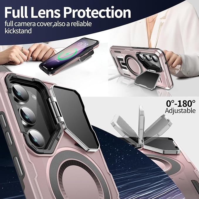 Camera Stand Case for Galaxy S23 Plus, [Compatible with Mag Safe][Lens Cover] 2024 Version Military Grade Protective Soft Case for Samsung Galaxy S23 Plus 6.6" Men Women, Pink