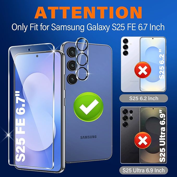 3 Pack for Samsung Galaxy S25 FE Screen Protector Tempered Glass + 3 Pack Camera Lens Protector, Military Grade Shatterproof, 9H Hardness, Fingerprint Unlock, Case Friendly 6.7 Inch