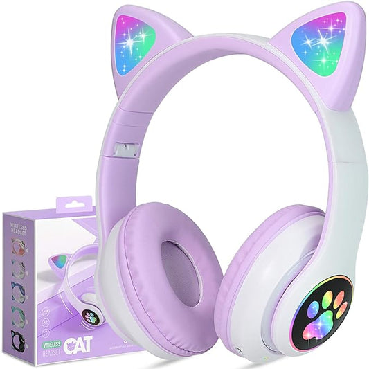 TCJJ Bluetooth 6.0 Cat Ear Kids Headphones for Girls, LED Light Up, 85dB Safe Volume Limit, Stereo Sound Toddler Foldable Wireless & 3.5mm Wired Headset with Mic for School, Tablet, Travel