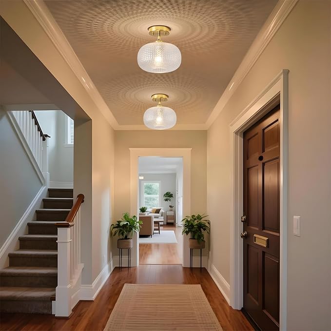 Modern Prismatic Globe Ceiling Light,Vintage Glass Flush Mount Light Fixture with Brass Gold Hallway Ceiling Lighting for Bedroom,Foyer,Kitchen,Laundry Room,Entryway,E26 Ceramic Base,9.84 Inch