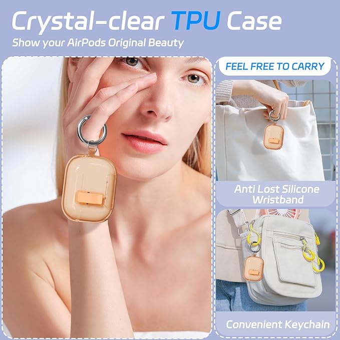 for AirPods Pro 2 Case with Phone Stand & Secure Lock, Auto-Open Clear Cover Compatible with Apple AirPods Pro 2nd/1st Gen (2023,2022,2019) with Cleaning Kit & Keychain (Khaki)
