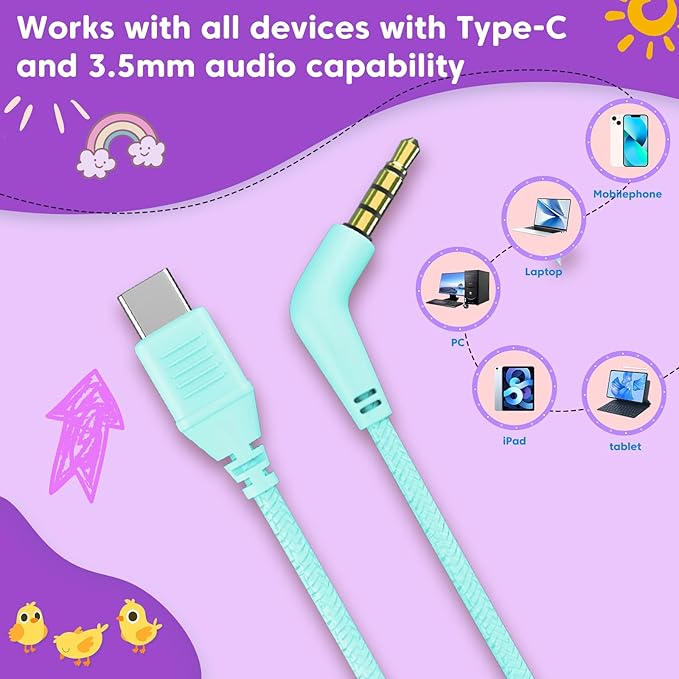 Kids Headphones with 3.5mm & USB C Wired Headphones, USB C Headphones Kids for School, Lightweight On-Ear Headphones Built-in Mic and Safe Volume Limited for Classroom/Girls/Boys/Travel/Tablets(Green)