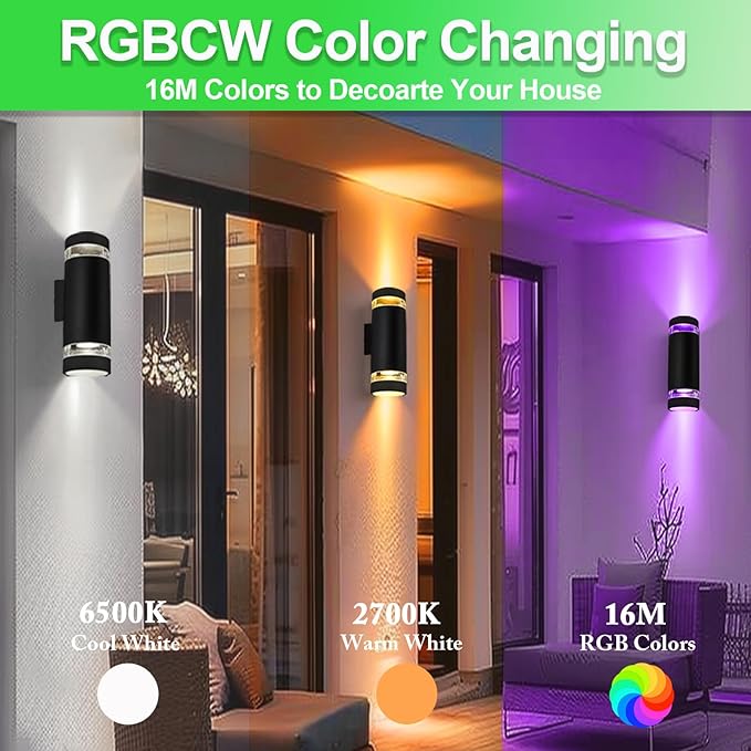 wowlite RGB Up and Down Lights Outdoor 2 Pack, Back Porch Lights Outdoor Wall Light Fixtures WiFi App Control, 2700k-6500k Cylinder Modern Wall Sconce Lights Color Changing LED Garage Light