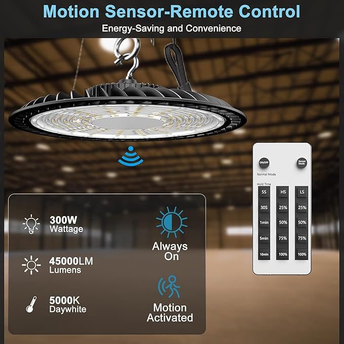 Lightdot Smart LED High Bay Light 300W 45000lm Commercial Bay Lighting 5000K AC100-277V UFO LED High Bay Shop Lights with Remote Control Supports Normal Mode & Motion Mode-6Pack