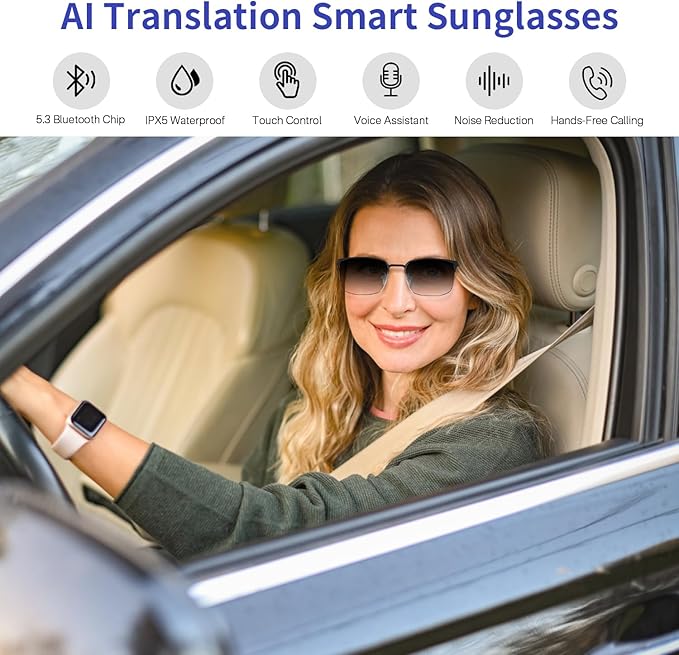 Al Smart Glasses for Men Women - Bluetooth Translation Glasses with 169 Languages, Photochromic Lenses UV/Blue Light Protection, Music /Calls Al Vioce Assistant, Travel Meeting Business Trade - Silver