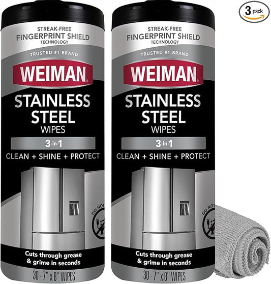 Weiman Stainless Steel Cleaner and Polish Wipes Bundle with Microfiber Cloth-Removes Fingerprints, Water Marks and Grease from Appliances - Works Great on Refrigerators, Ovens, and Grills,Grey
