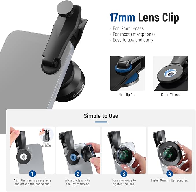 NEEWER 60mm Telephoto Lens with 17mm Thread Phone Lens Clip & 67mm Filter Adapter Ring, 2X Magnification Compatible with iPhone Samsung, LS-41 PRO