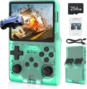 FVBADE R40S PRO Handheld Game Console 3.5 inch IPS Screen Mini Retro Console 3800mAh Portable Pocket Arcade 256G TF Card Transparent.(Green)