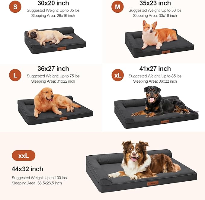 Orthopedic Dog Beds Large Sized Dog, Memory Foam Pet Bed for Large Dogs, Removable and Washable Microsuede Cover, TPU Waterproof Liner, Nonskid Bottom, 41x27x6 Inches, Dark Grey