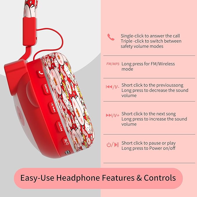 Kids Bluetooth Headphones, 85dB Volume Limit, Ultra-Soft Over-Ear, Built-in Mic, Foldable, Beerus Cartoon Animal Design, Suitable for School & Travel, FM/TF/AUX Supported