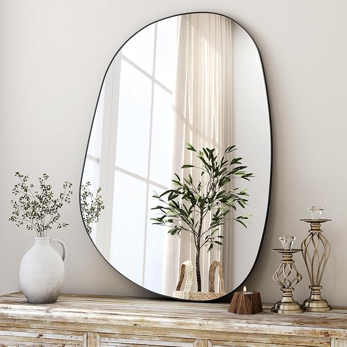 38"x26" Bathroom Mirror for Wall, Irregular Bathroom Mirrors for Over Sink, espejos decorativos de pared, Modern Metal Framed Vanity Mirror for Bedroom, Entryway, Bathroom, Living Room, Black