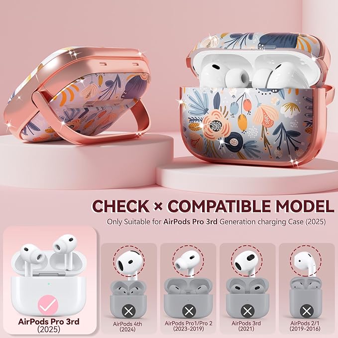 Inesore for AirPods Pro 3 Case 2025 with Lock, for Women Girly Floral Cute Case Compatible with Apple Airpods Pro 3rd Generation Cover, with Phone Stand,Keychain & Cleaner Kit-Blue Flower