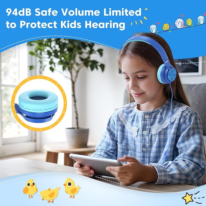 Kids Headphones for School Travel, Upgrade USB Type C Safe Volume 94dB, with Mic HD Stereo Sound Foldable On-Ear Headphones for Boys/Girls/Students/Tablet/Travel Blue