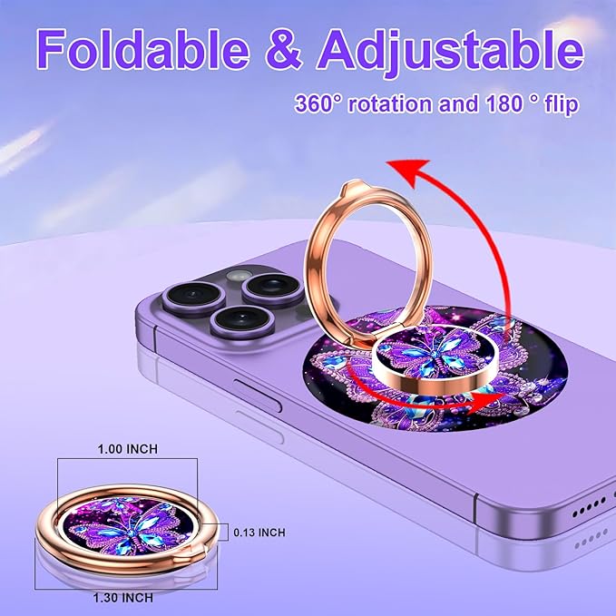 Magnetic Phone Ring Holder for MagSafe Grip,[Super Magnet],Stylish 360° Rotation Cell Phone Grip Stand Finger Ring Kickstand for iPhone 17 16 15 14 Pro Max,iPad and Smartphones,Butterfly