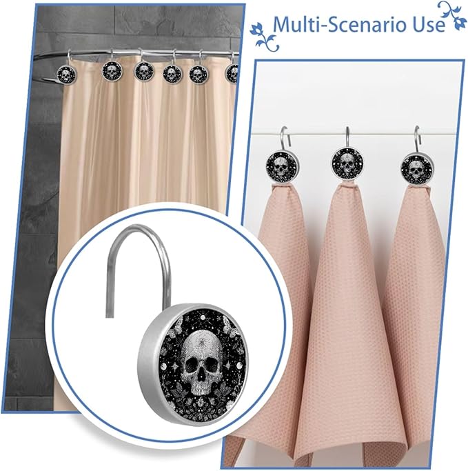 12 Packs Gothic Black and Skull Shower Curtain Hooks, Stainless Steel Glass Shower Curtain Rings for Bathroom Decor, Metal Rustproof Curtain Rod Hooks