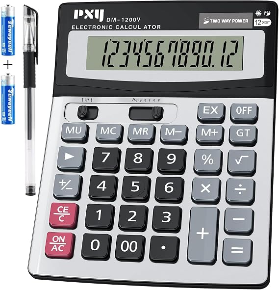 Desk Calculator 12 Digit Extra Large LCD Display, Touch Comfortable with Big Buttons, PXY Two Way Power Battery and Solar Standard Function Office Calculators