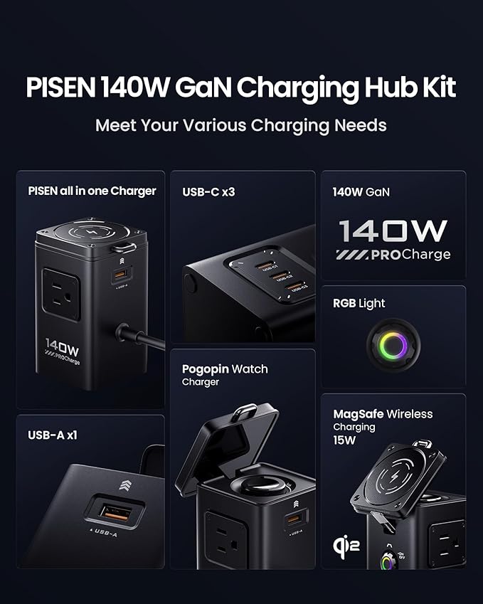 PISEN 8-in-1 Mag-Safe Charger Stand - 140W Charging Station for Multiple Devices Mag-Safe Stand Magnetic Qi2 Wireless Charger for iPhone 17/16/15/14/13/12 Series, Magnetic Charger for Apple Watch