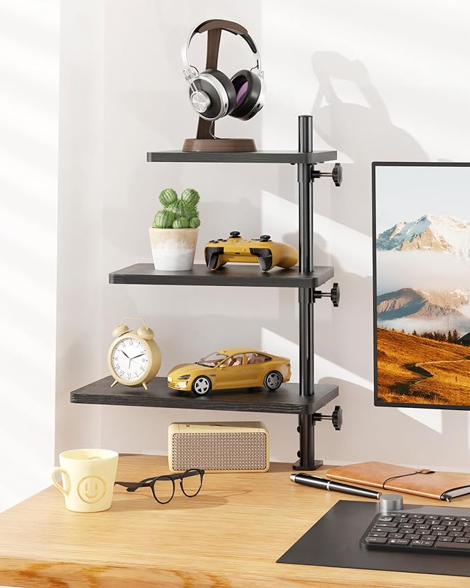 3 Tiers Clamp On Desk Shelf, 360¡ã Angle Adjustable Desktop Shelf Organizer for Home Office Gaming Room, No Drill Desk Extender Adapt to 0.4-2.16 inches Table Thick, Black Brown