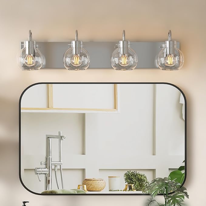 Brushed Nickel Bathroom Light Fixtures, 4-Light Modern Vanity Light Over Mirror, Wall Sconces with Frosted Glass Shades, E26 Socket (Bulbs Not Included)