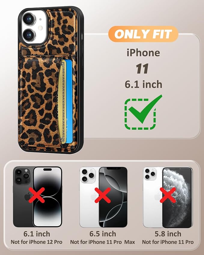 for iPhone 11 Case with Wallet - Fits 4 Card Slots, Compatible with MagSafe for Women Aesthetic Durable PU Leather Credit Card Holder Kickstand Phone Cover for Apple 11, Leopard