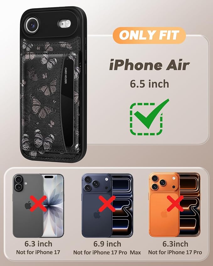 for iPhone 17 Air Case with Wallet - Fits 4 Card Slots,Compatible with MagSafe for Women Aesthetic Durable PU Leather Credit Card Holder Kickstand Phone Cover for Apple 17 Air, Black Butterfly