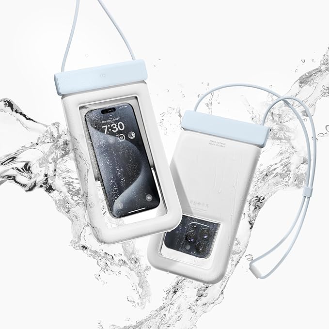 elago Waterproof Phone Pouch for iPhone 16/15/14/13/12/11 Series, Galaxy S25/S24/S23/S22/S21 Series - Underwater Screen Touchable Dry Bag, Dual Zipper Lock, Including Card Pocket [Light Blue]