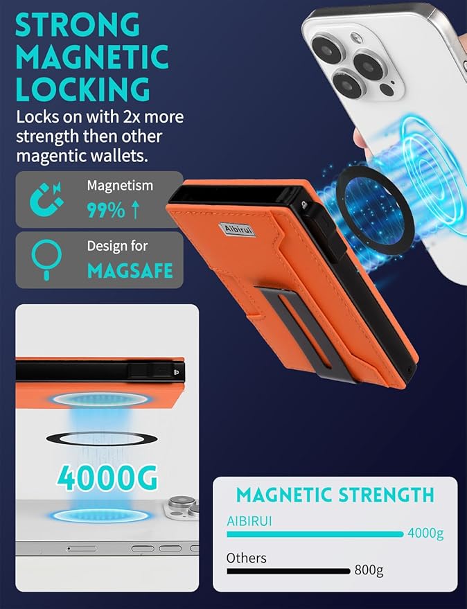 Wallet for men,Magsafe Wallet with Money Clip,Ridge Wallets for Men | Magnetic wallet for iPhone 17/16/15/14/13/12 Series,Card Holder(8 Cards & Bills), Aluminum & Microfiber Leather,Orange
