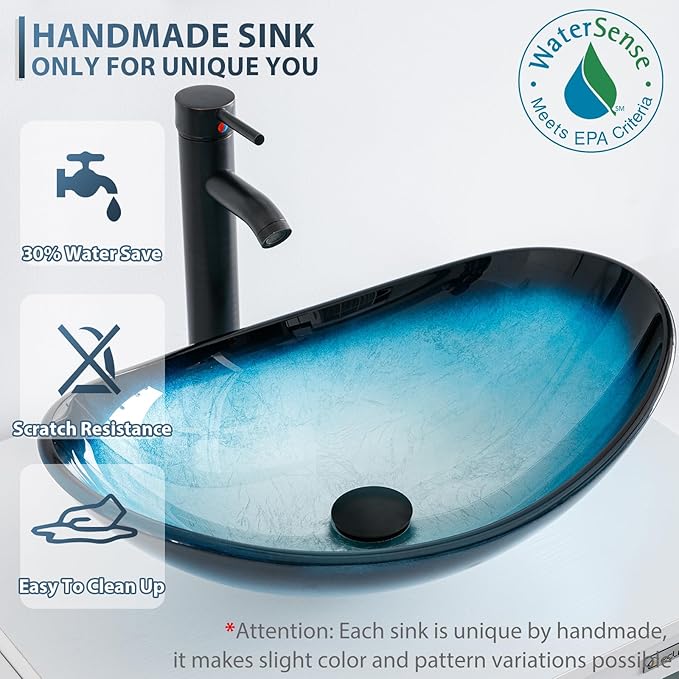 eclife 24" Bathroom Vanity Sink Combo Modern Metal Stand Cabinet W/Bottom Shelf Blue Boat Vessel Sink & Water Save Faucet & Pop Up Drain, Oak (A29BU)