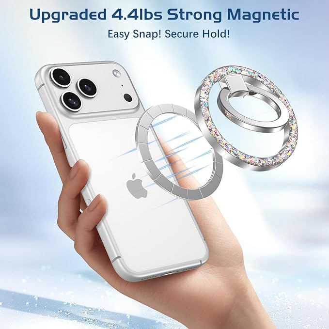 DOMAVER Magnetic Phone Ring Holder, Compatible with MagSafe Phone Grip Stand with 360° Rotation Finger Ring Kickstand for iPhone 17/16/15/14/13/12 Pro Max Plus Air/Other Phones - Silver Glitter