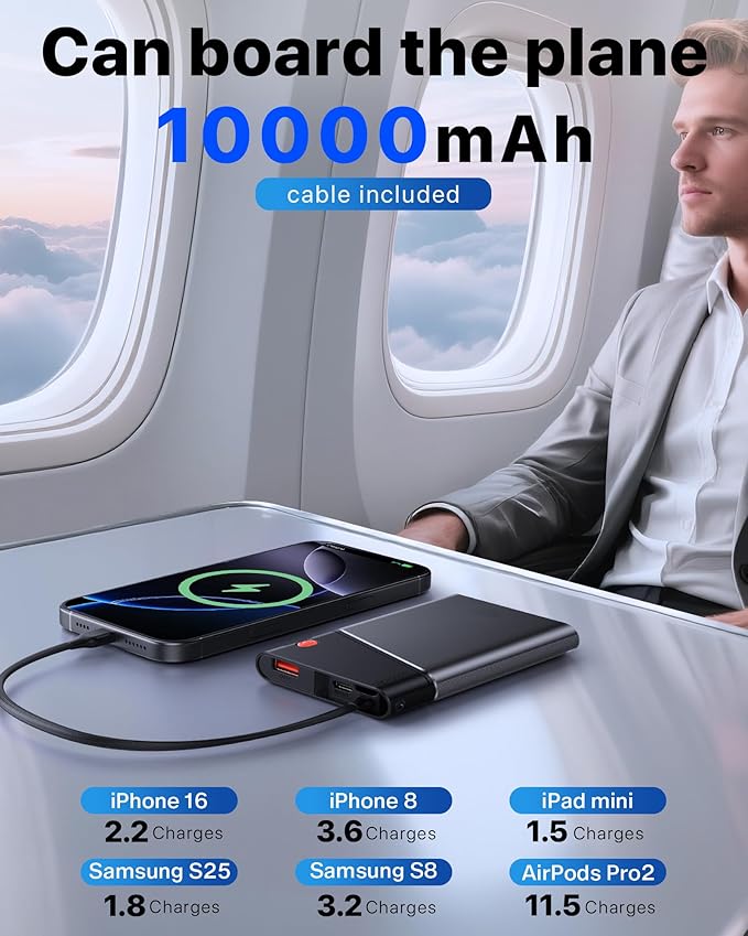 Portable Charger Power Bank, 10000mAh 22.5W PD Fast Charging Powerbank with Built-in USB C Cable, Slim External Phone Battery Pack for iPhone 17/16/15 Samsung S24 Android etc (Grey)