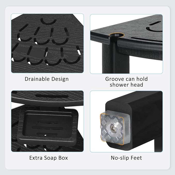 NALONE Corner Shower Stool, HDPE Shower Bench for Inside Shower, Small Shower Chair Seat for Shaving Legs with Storage Shelf, Soap Box and No-Slip Feet (Black)