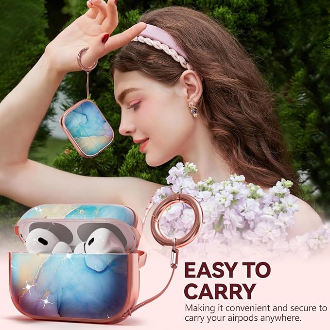 Inesore for AirPods Pro 2nd Generation Case Cover with Lock, Flowers Cute Air Pods Pro 2 Case Hard iPod Pro Cases for Women Girls with Cleaner Kit (2023 USB-C /2022/2019) -Blue Rainbow Gold Marble