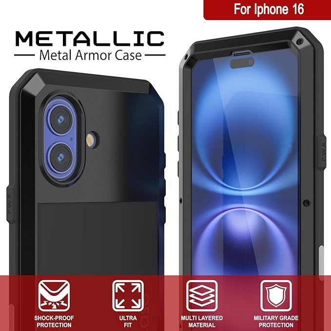 Punkcase for iPhone 16 Metal Case | Heavy Duty Military Grade Armor Cover | Hard Aluminum & TPU Design W/Tempered Glass Screen Protector for iPhone 16 (6.1") (2024) [Black]