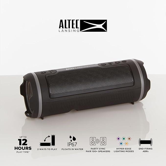 Altec Lansing HydraMOTION 2.0 Wireless Bluetooth Speaker, 16H Battery, RGB Lights, USB-C Quick Charge, IP67 Rated Waterproof Bluetooth, Mountable Speaker, Voice Assistant
