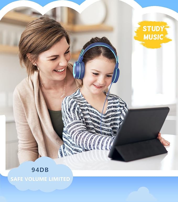 Upgrade USB Type C Kids Headphone for School, 94dB Safe Volume Limited, HD Stereo Sound, Foldable Lightweight On-Ear Headphones for Boys/Girls/Students/Tablet/Travel (Dark Blue)