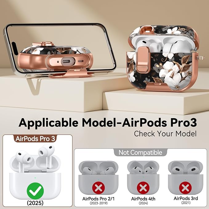 for AirPod Pro 3 Case 2025, with Safty Lock & Phone Stand for Floral AirPod Pro 3 Generation Case Cover for Women Girly, iPod Pro 3 Cases with Keychain & Cleaner Kit - Black Gold Flower