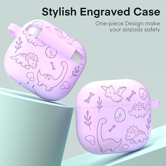 Maxjoy for AirPods 4 Case, Engraved Silicone Cute AirPod 4 Case for Women Men Protective iPod 4 Cover with Keychain Cleaning Kit for AirPod 4th Generation Cover 2024, Dinosaur Purple