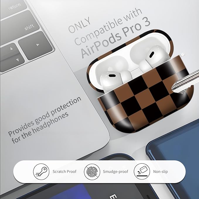 Compatible with AirPods Pro 3rd Generation 2025 Case Cover with Gold Keychain - Cute Protective Hard AirPod Pro 3 Cases for Women - Brown Black Checkered