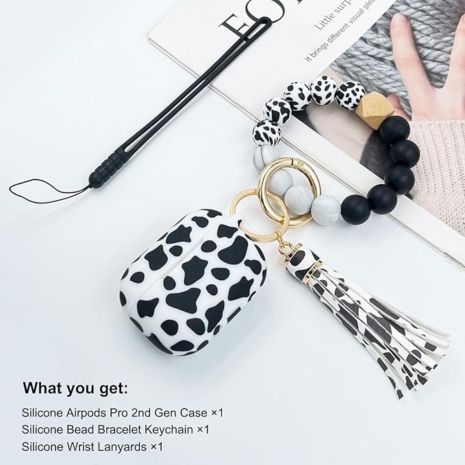 Compatible with Airpods Pro 2nd Generation Case Cover 2022, Soft Silicone Protective Cover with Bracelet Keychain for Apple Airpods Pro 2 Case for Women (Cow)