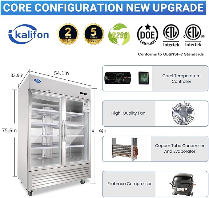 49 Cu.Ft Commercial Refrigerator, 54" Display Merchandiser, 2 Glass Door Reach-in Upright Beverage, Stainless Steel Upright Fridge Cooler with LED Lighting for Restaurant Kitchen