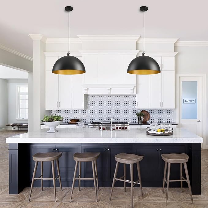 Black Pendant Light for Kitchen Island, 16 Inch Black and Gold Metal Dome Farmhouse Pendant Light Fixtures, Industrial Kitchen Pendant Lights Hanging Ceiling Light for Dining Room Foyer Cafe,2 Pack
