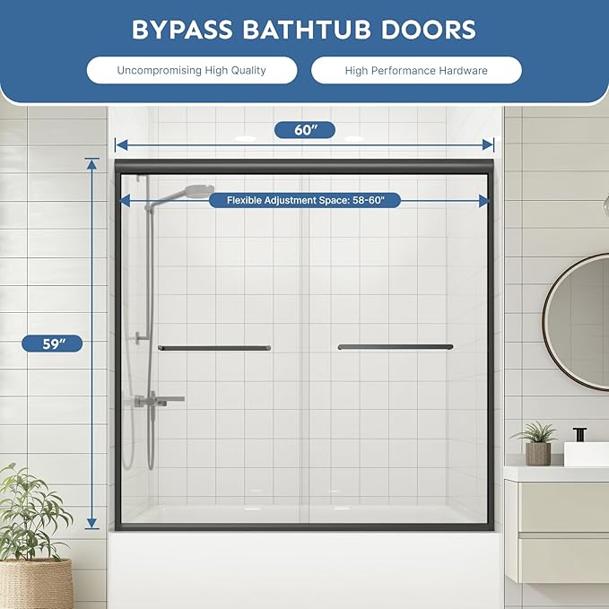 Bathtub Shower Door - 58-60" W×59" H Adjustable Aluminum Frame - 1/4 Tempered Glass - 4 Aluminum Rollers - Sliding Glass Door for Tub