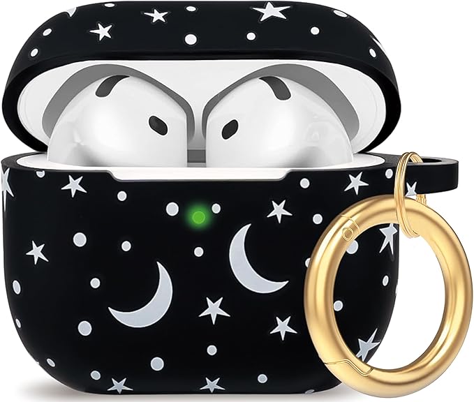 Silicone Leopard AirPods 4 Case 2024, Gawnock Case Cover for Apple Airpods 4th Generation Floral Print Soft Flexible Cover for Air Pod 4th Women Girls, Skin with Keychain - Moon Star